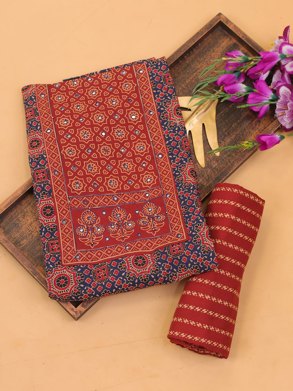 Navy Blue and Maroon Cotton Dress Material With Ajrakh Prints & Patch Work Neck Pattern and Bottom & Dupatta