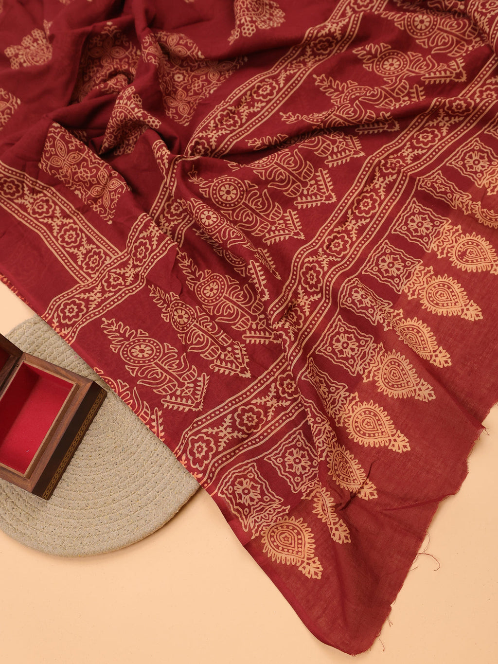 Navy Blue and Maroon Cotton Dress Material With Ajrakh Prints & Patch Work Neck Pattern and Bottom & Dupatta