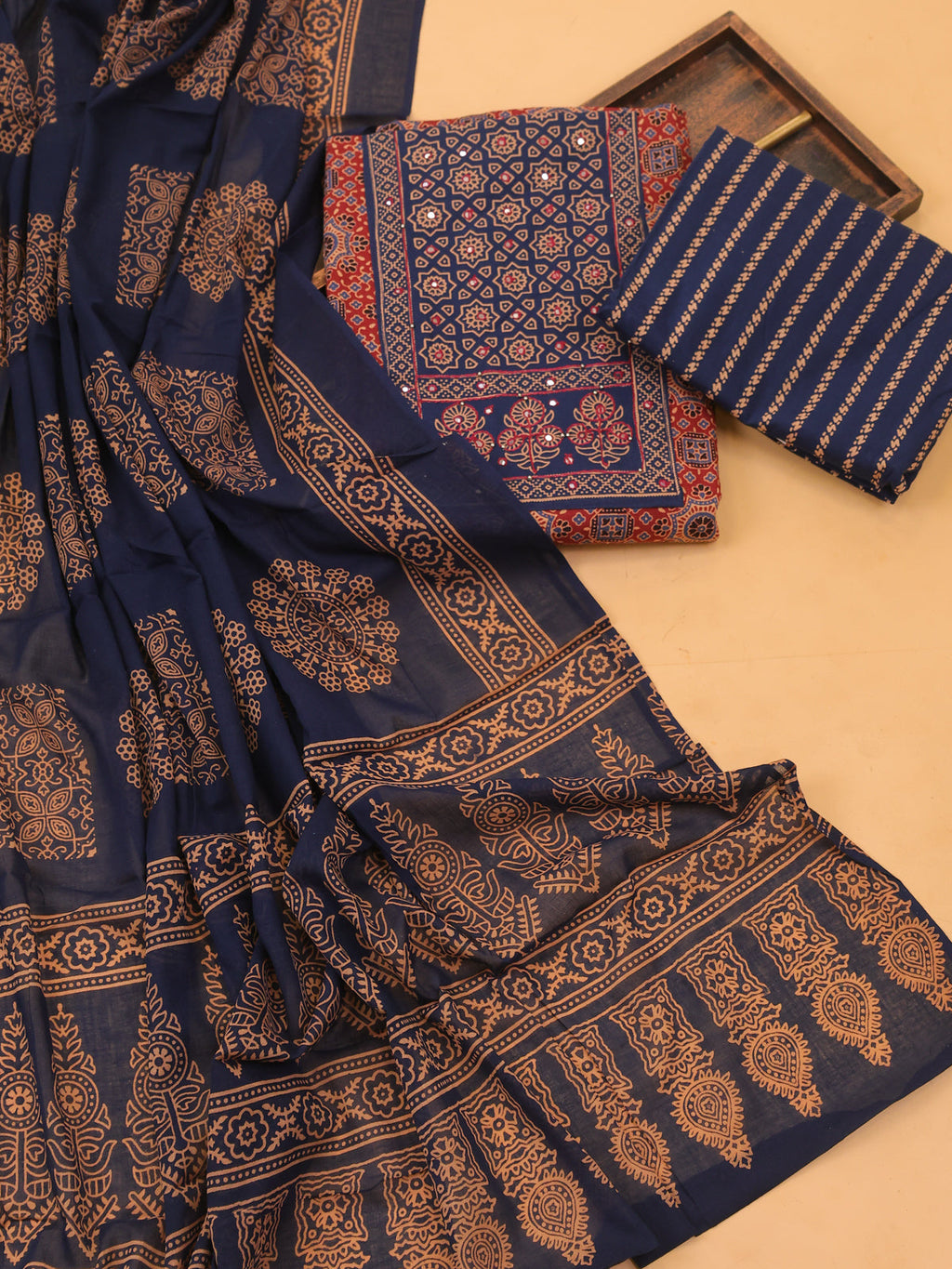 Maroon and Navy Blue Cotton Dress Material With Ajrakh Prints & Patch Work Neck Pattern and Bottom & Dupatta