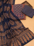 Maroon and Navy Blue Cotton Dress Material With Ajrakh Prints & Patch Work Neck Pattern and Bottom & Dupatta