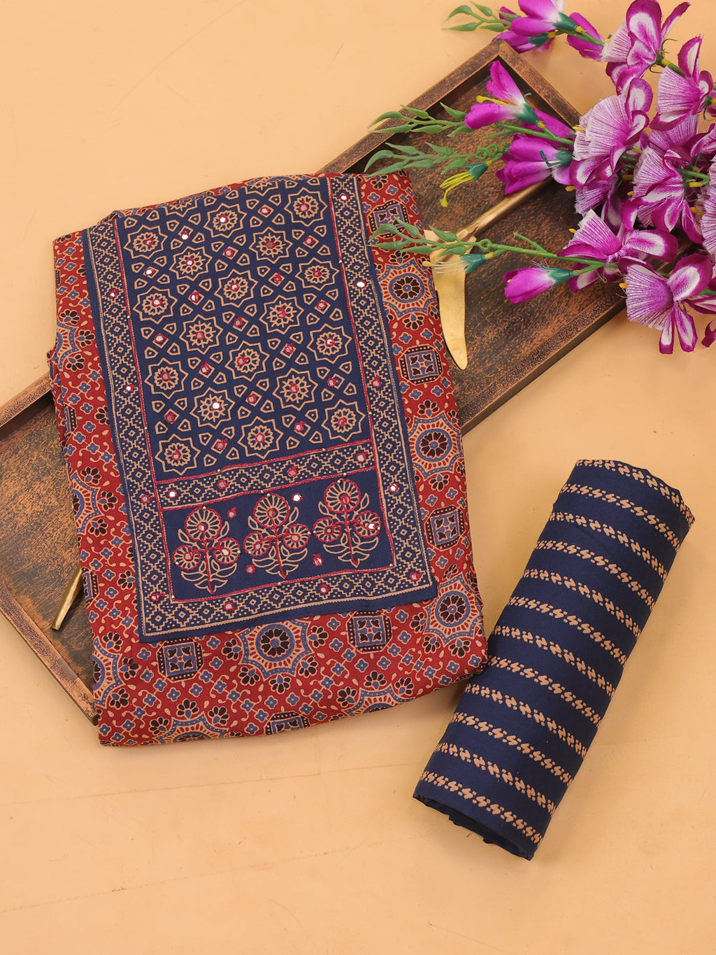 Maroon and Navy Blue Cotton Dress Material With Ajrakh Prints & Patch Work Neck Pattern and Bottom & Dupatta
