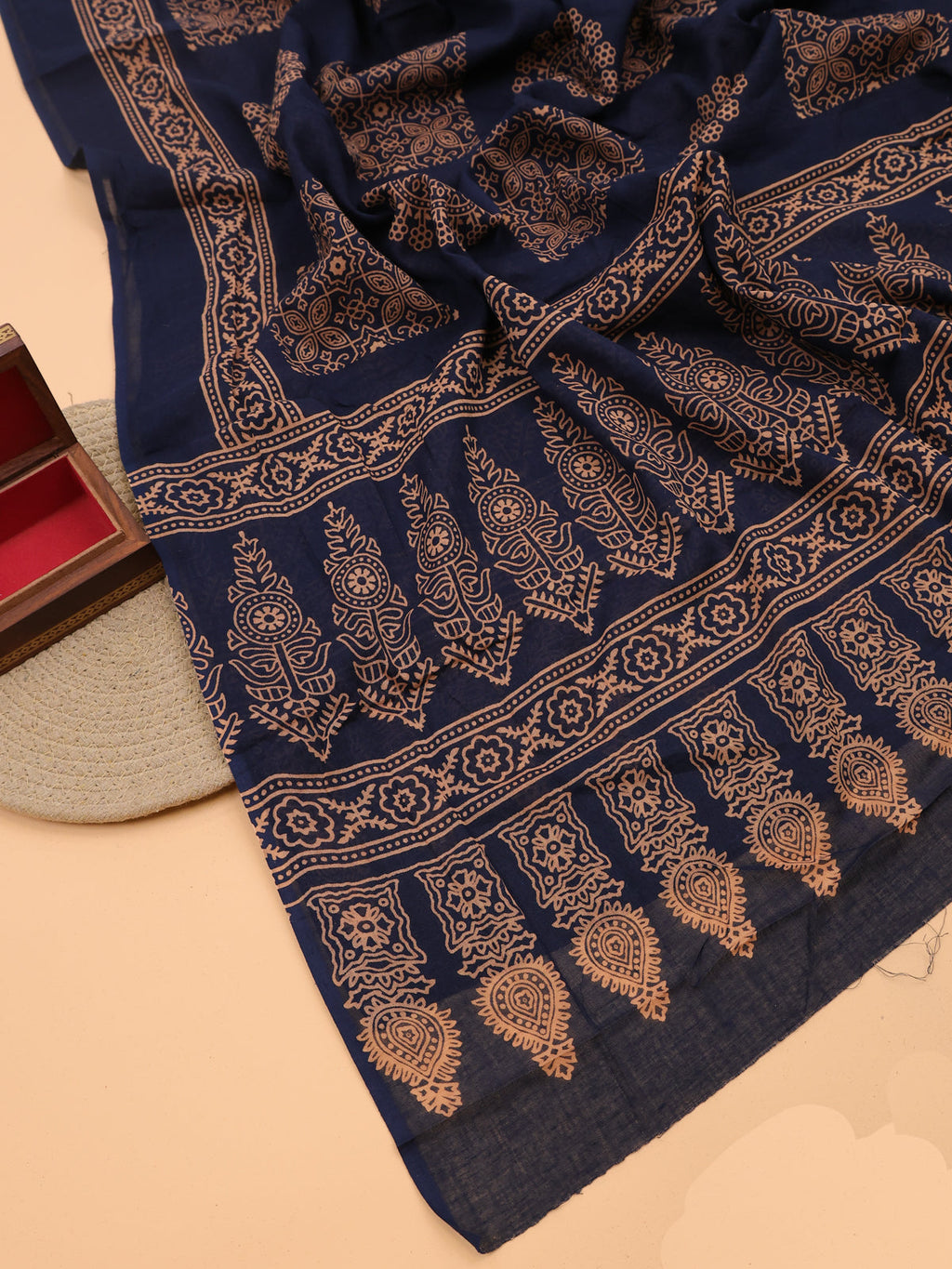 Maroon and Navy Blue Cotton Dress Material With Ajrakh Prints & Patch Work Neck Pattern and Bottom & Dupatta