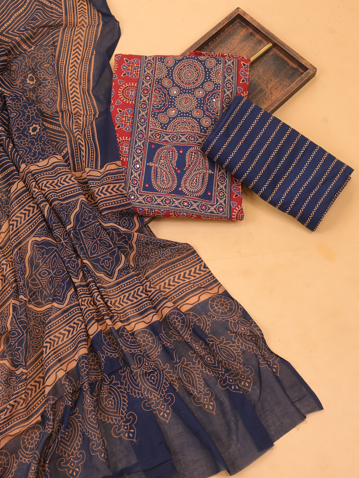 Maroon and Navy Blue Cotton Dress Material With Ajrakh Prints & Patch Work Neck Pattern and Bottom & Dupatta