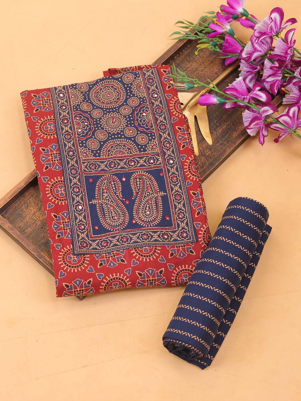 Maroon and Navy Blue Cotton Dress Material With Ajrakh Prints & Patch Work Neck Pattern and Bottom & Dupatta