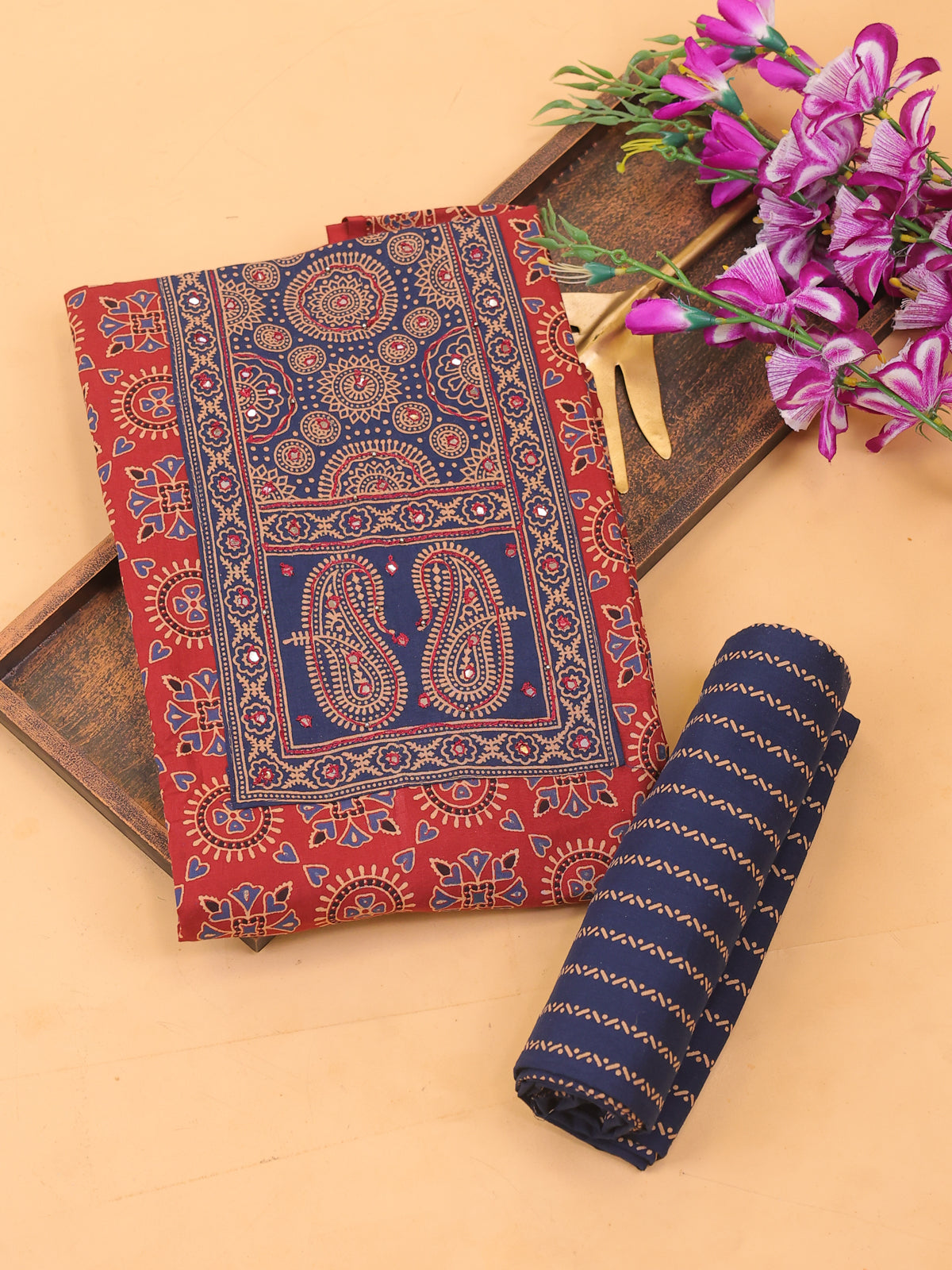 Maroon and Navy Blue Cotton Dress Material With Ajrakh Prints & Patch Work Neck Pattern and Bottom & Dupatta