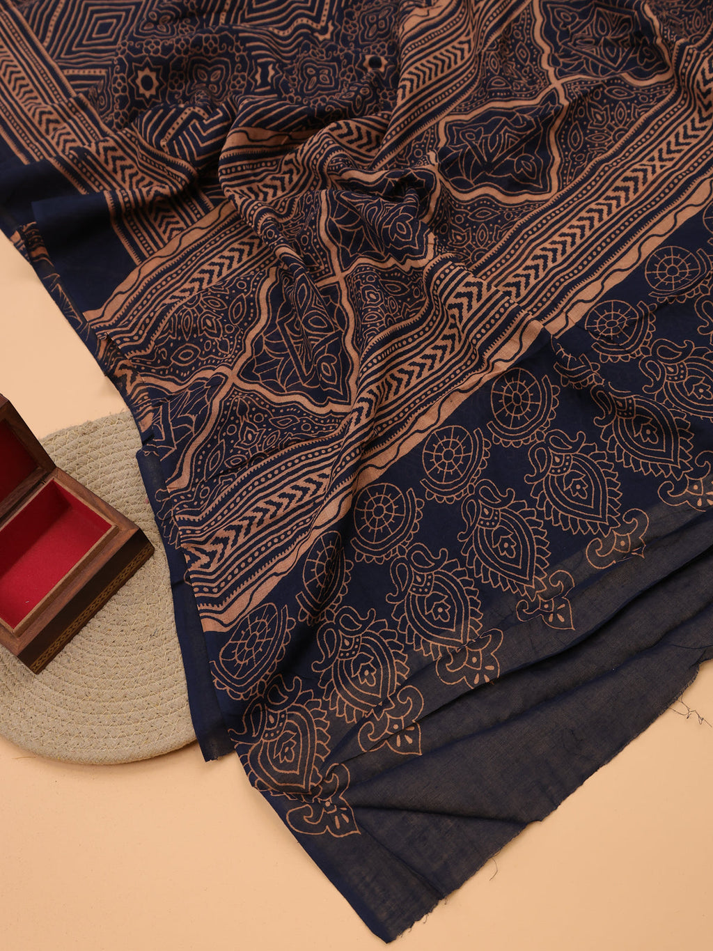 Maroon and Navy Blue Cotton Dress Material With Ajrakh Prints & Patch Work Neck Pattern and Bottom & Dupatta