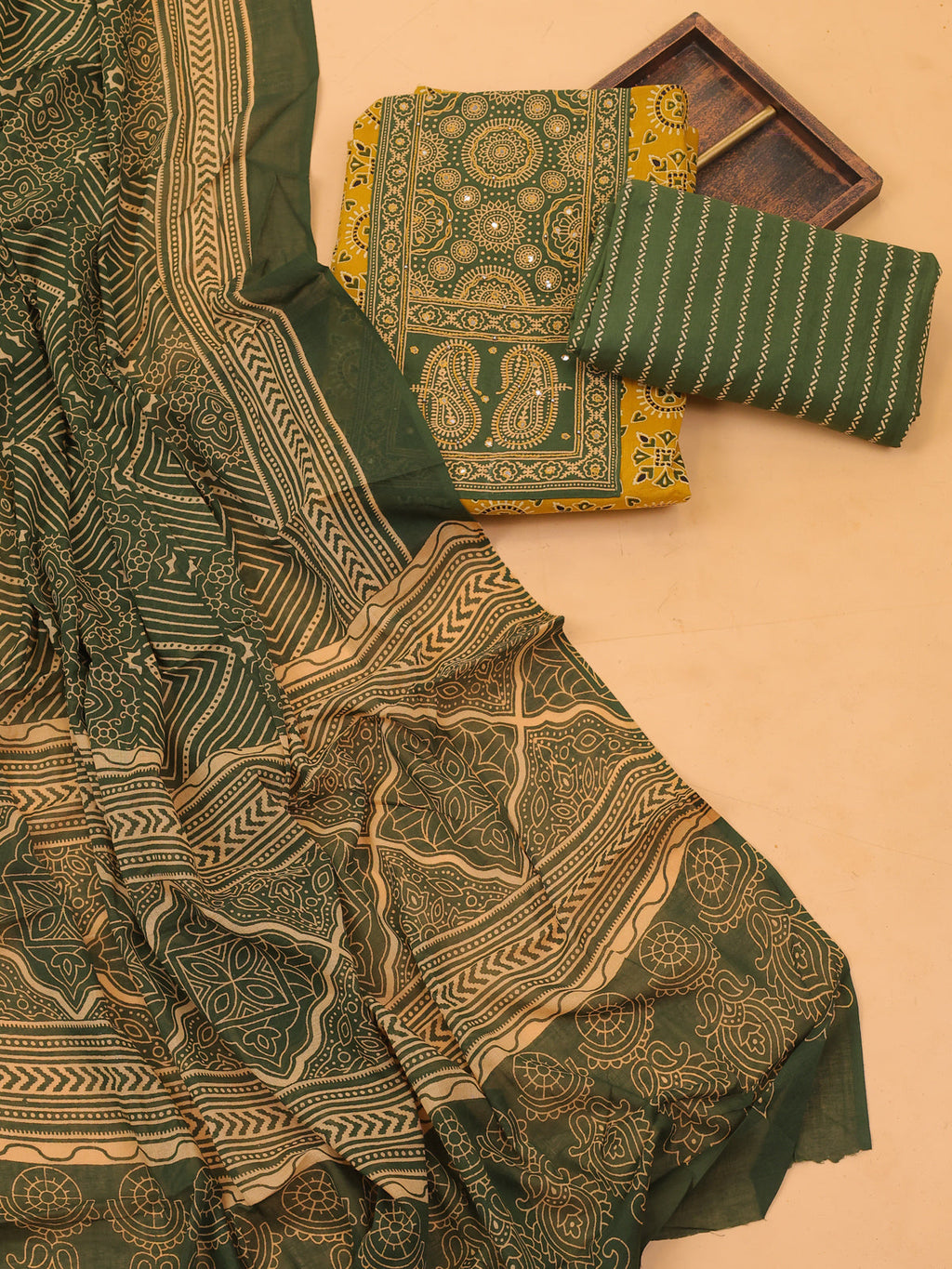 Yellow and Green Cotton Dress Material With Ajrakh Prints & Patch Work Neck Pattern and Bottom & Dupatta