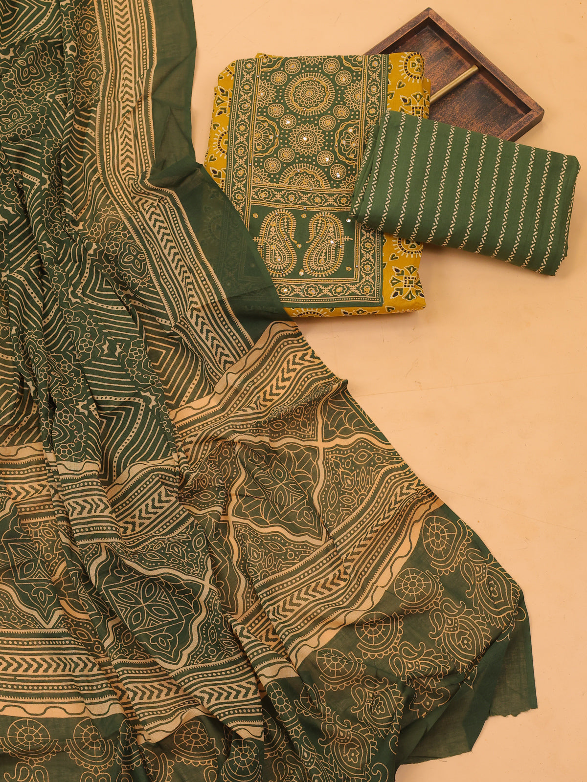 Yellow and Green Cotton Dress Material With Ajrakh Prints & Patch Work Neck Pattern and Bottom & Dupatta