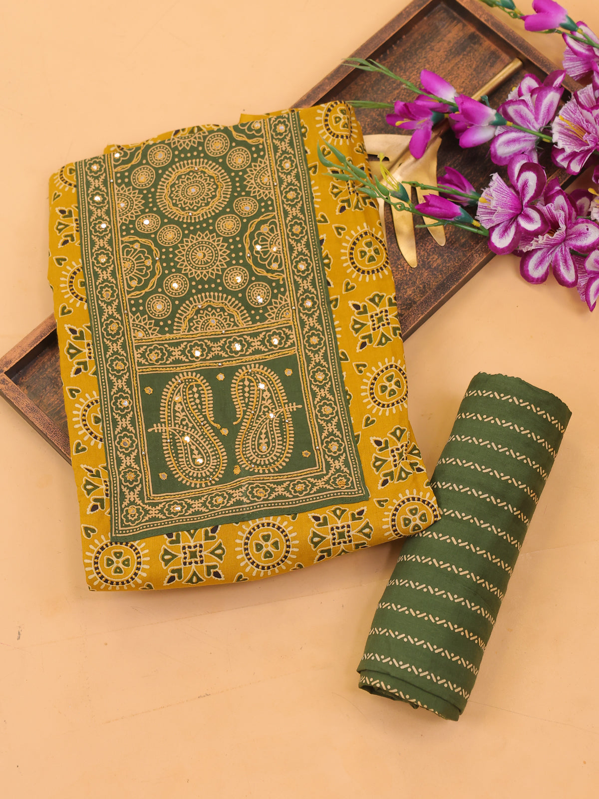 Yellow and Green Cotton Dress Material With Ajrakh Prints & Patch Work Neck Pattern and Bottom & Dupatta