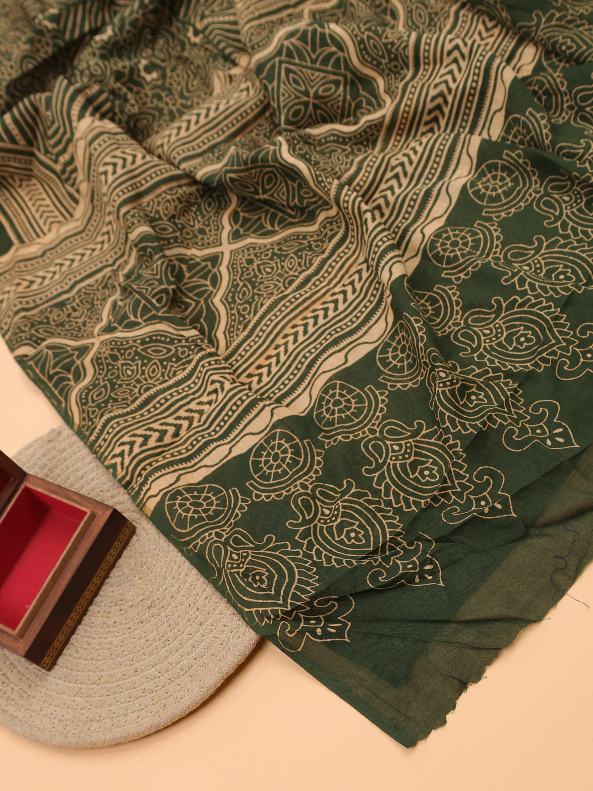 Yellow and Green Cotton Dress Material With Ajrakh Prints & Patch Work Neck Pattern and Bottom & Dupatta