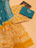 Yellow and Off White Cotton Dress Material With All Over Batik Prints & Embroidery Work Pattern and Bottom & Dupatta