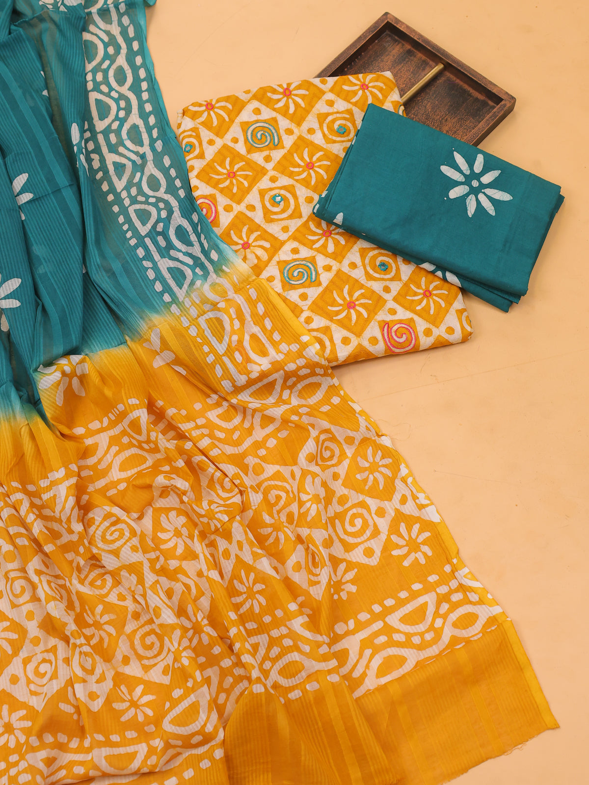 Yellow and Off White Cotton Dress Material With All Over Batik Prints & Embroidery Work Pattern and Bottom & Dupatta