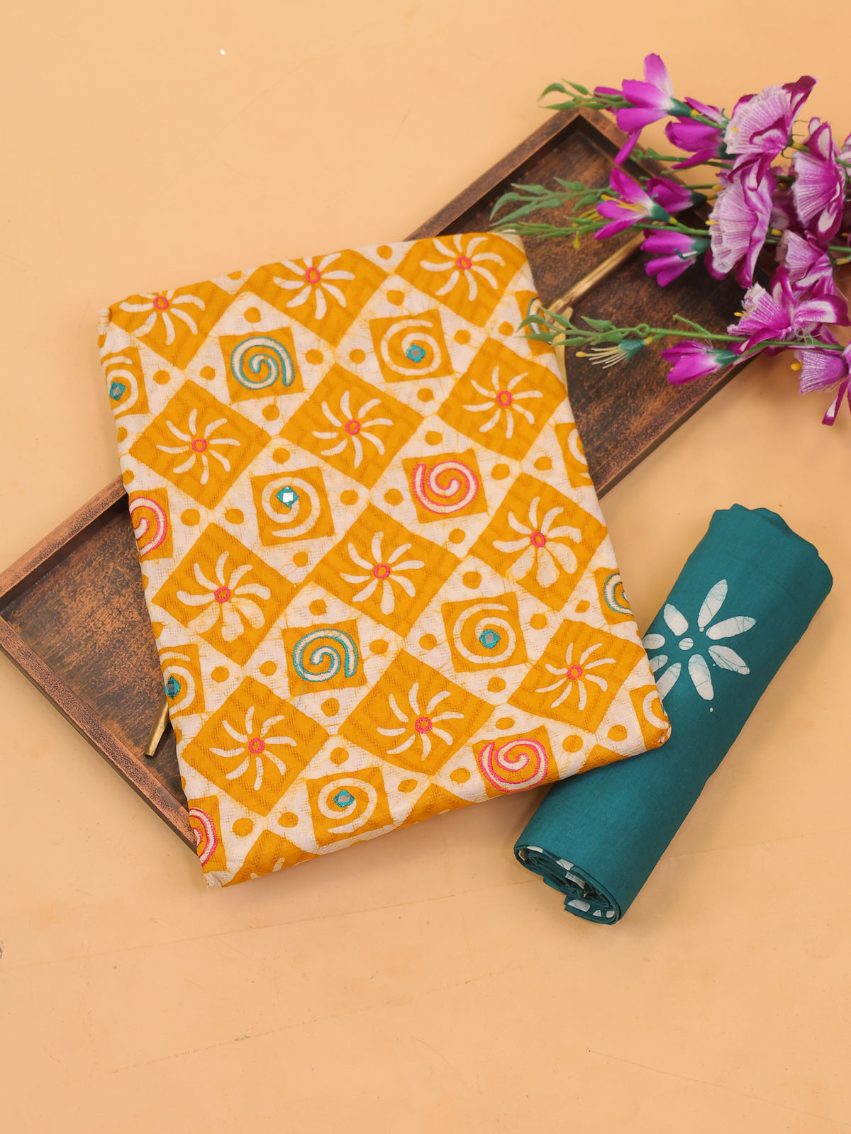 Yellow and Off White Cotton Dress Material With All Over Batik Prints & Embroidery Work Pattern and Bottom & Dupatta