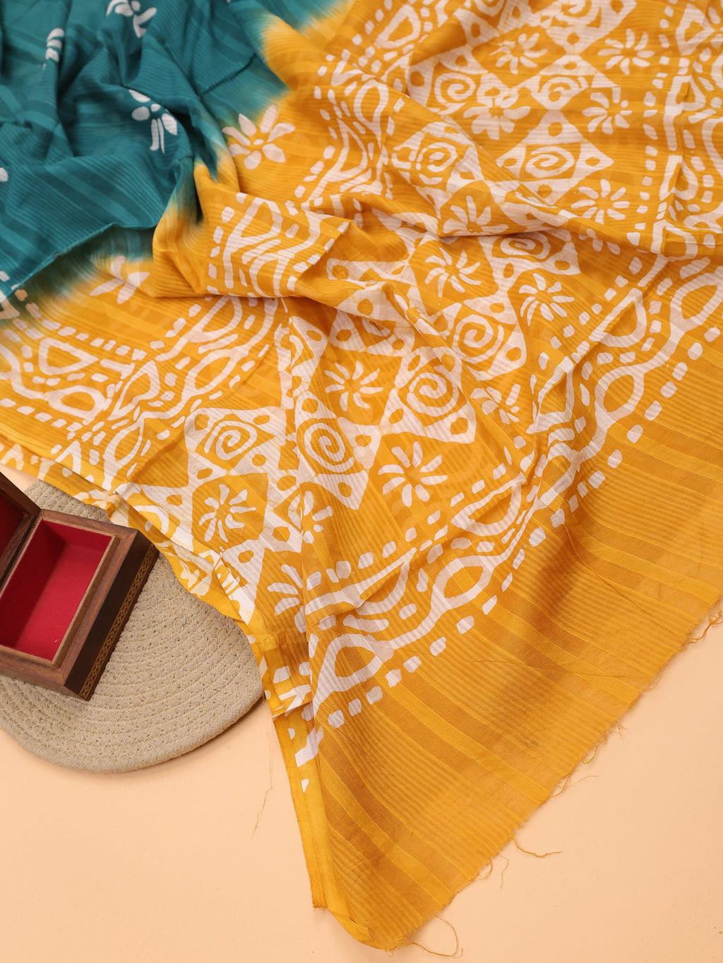 Yellow and Off White Cotton Dress Material With All Over Batik Prints & Embroidery Work Pattern and Bottom & Dupatta