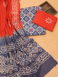 Grey and Off White Cotton Dress Material With All Over Batik Prints & Embroidery Work Pattern and Bottom & Dupatta