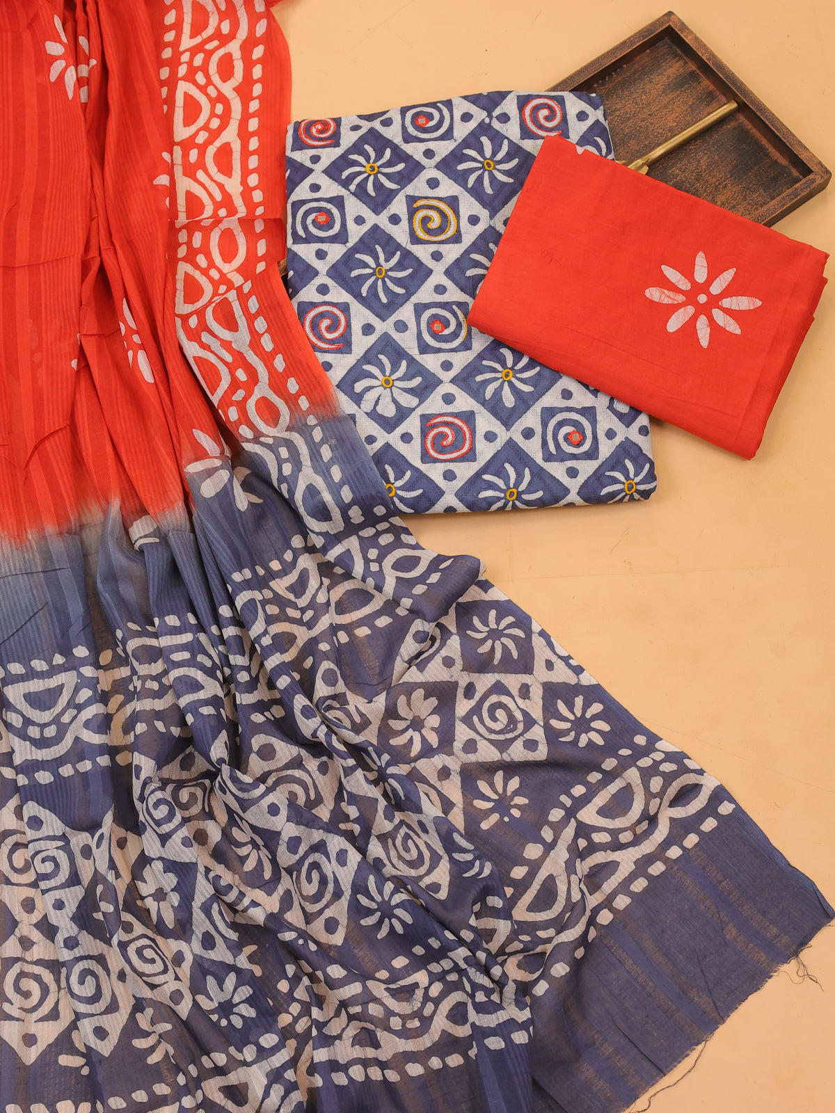 Grey and Off White Cotton Dress Material With All Over Batik Prints & Embroidery Work Pattern and Bottom & Dupatta