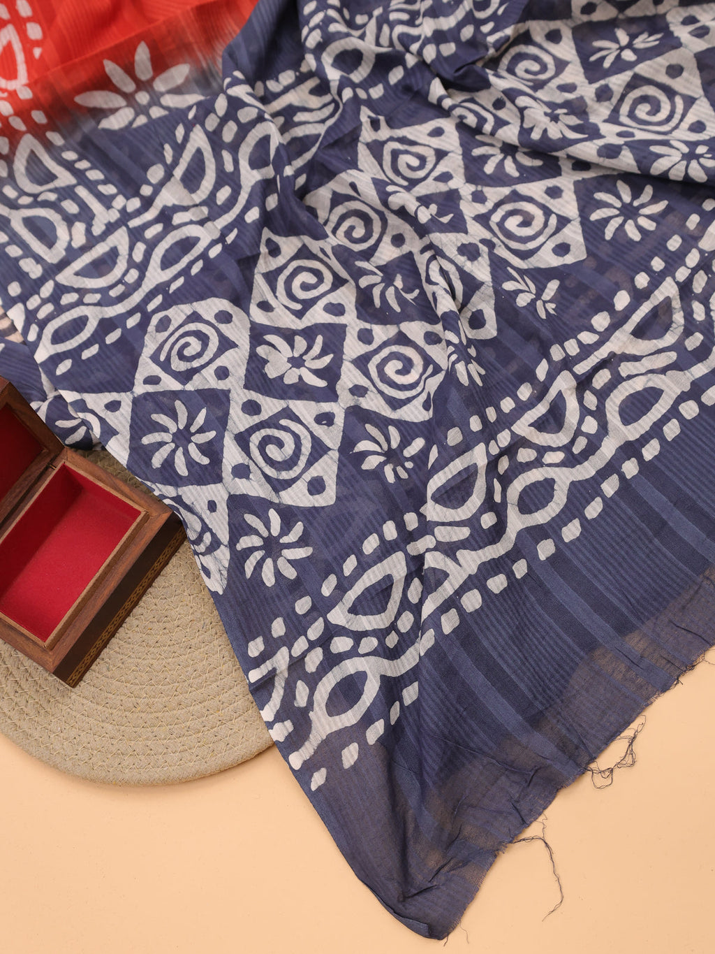Grey and Off White Cotton Dress Material With All Over Batik Prints & Embroidery Work Pattern and Bottom & Dupatta