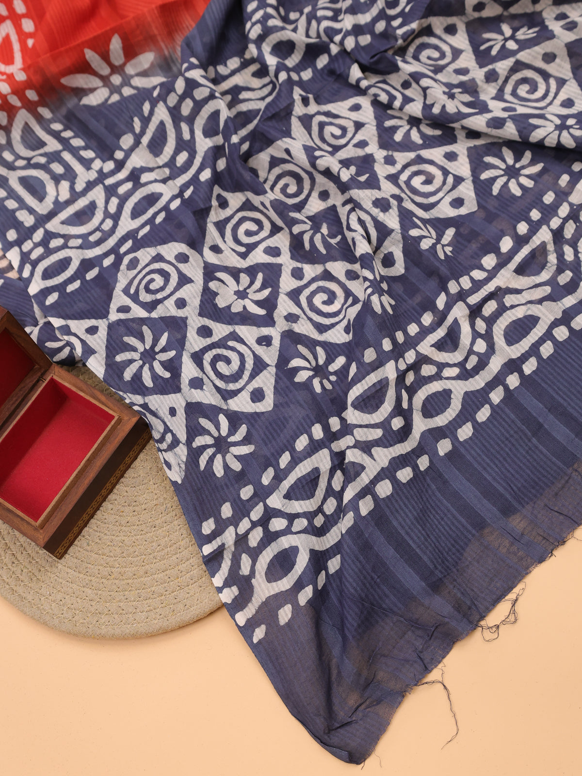 Grey and Off White Cotton Dress Material With All Over Batik Prints & Embroidery Work Pattern and Bottom & Dupatta