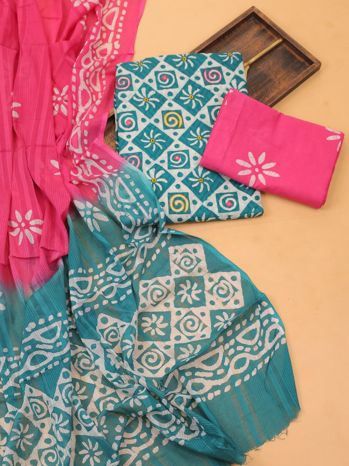Teal Green and Off White Cotton Dress Material With All Over Batik Prints & Embroidery Work Pattern and Bottom & Dupatta