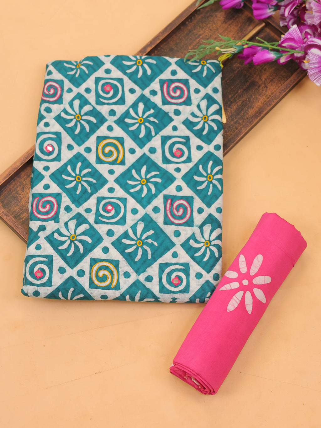 Teal Green and Off White Cotton Dress Material With All Over Batik Prints & Embroidery Work Pattern and Bottom & Dupatta