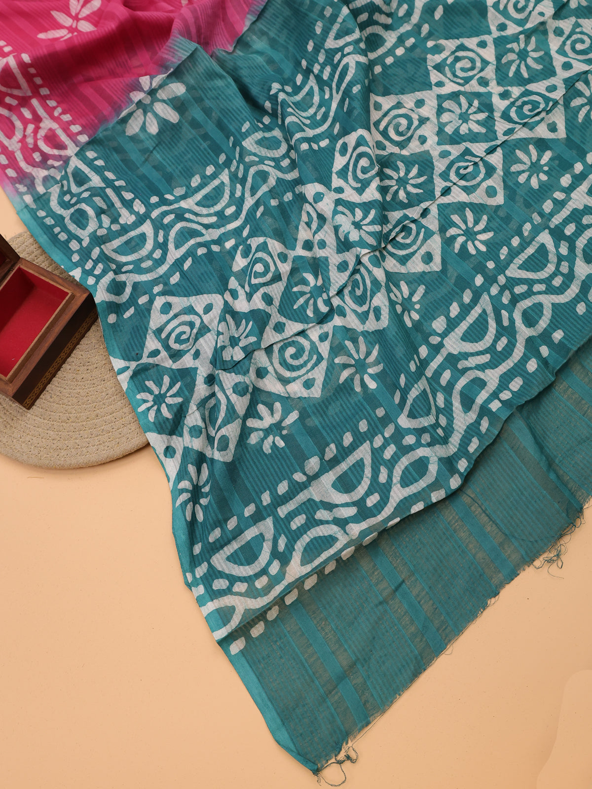Teal Green and Off White Cotton Dress Material With All Over Batik Prints & Embroidery Work Pattern and Bottom & Dupatta