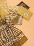 Mahendi Green and Off White Cotton Dress Material With Allover Batik Prints and Bottom & Dupatta