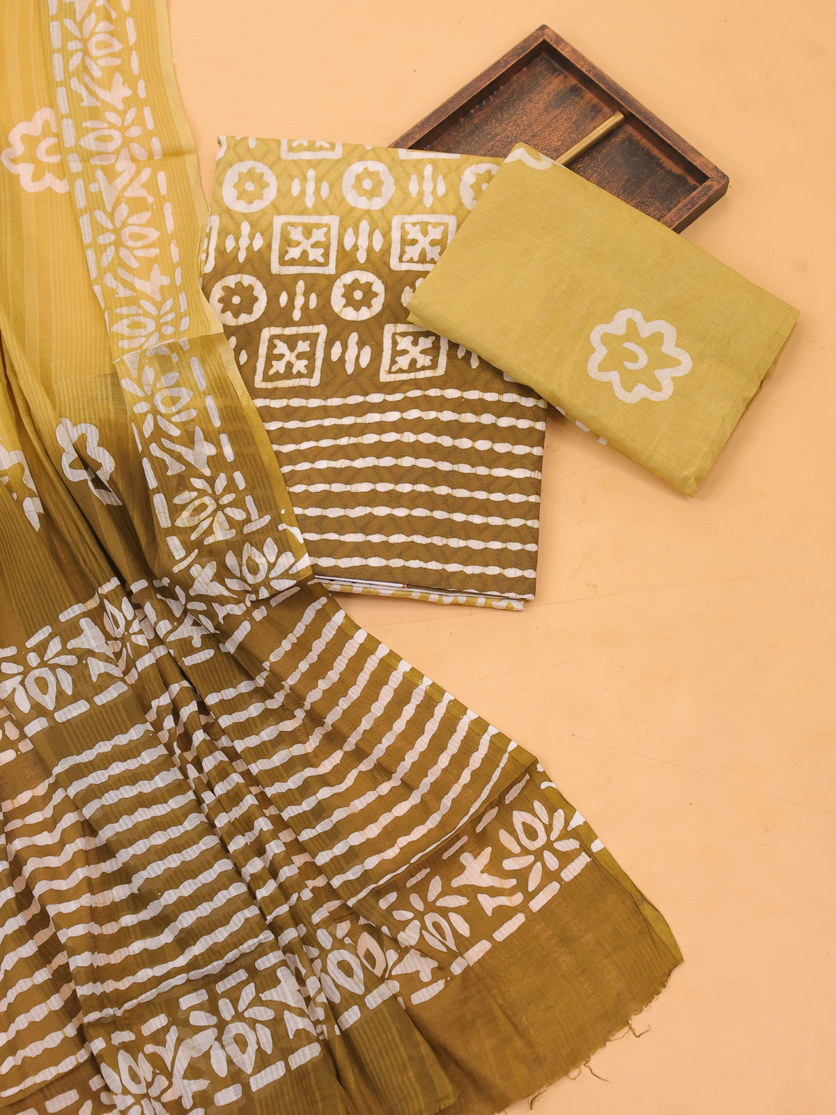 Mahendi Green and Off White Cotton Dress Material With Allover Batik Prints and Bottom & Dupatta