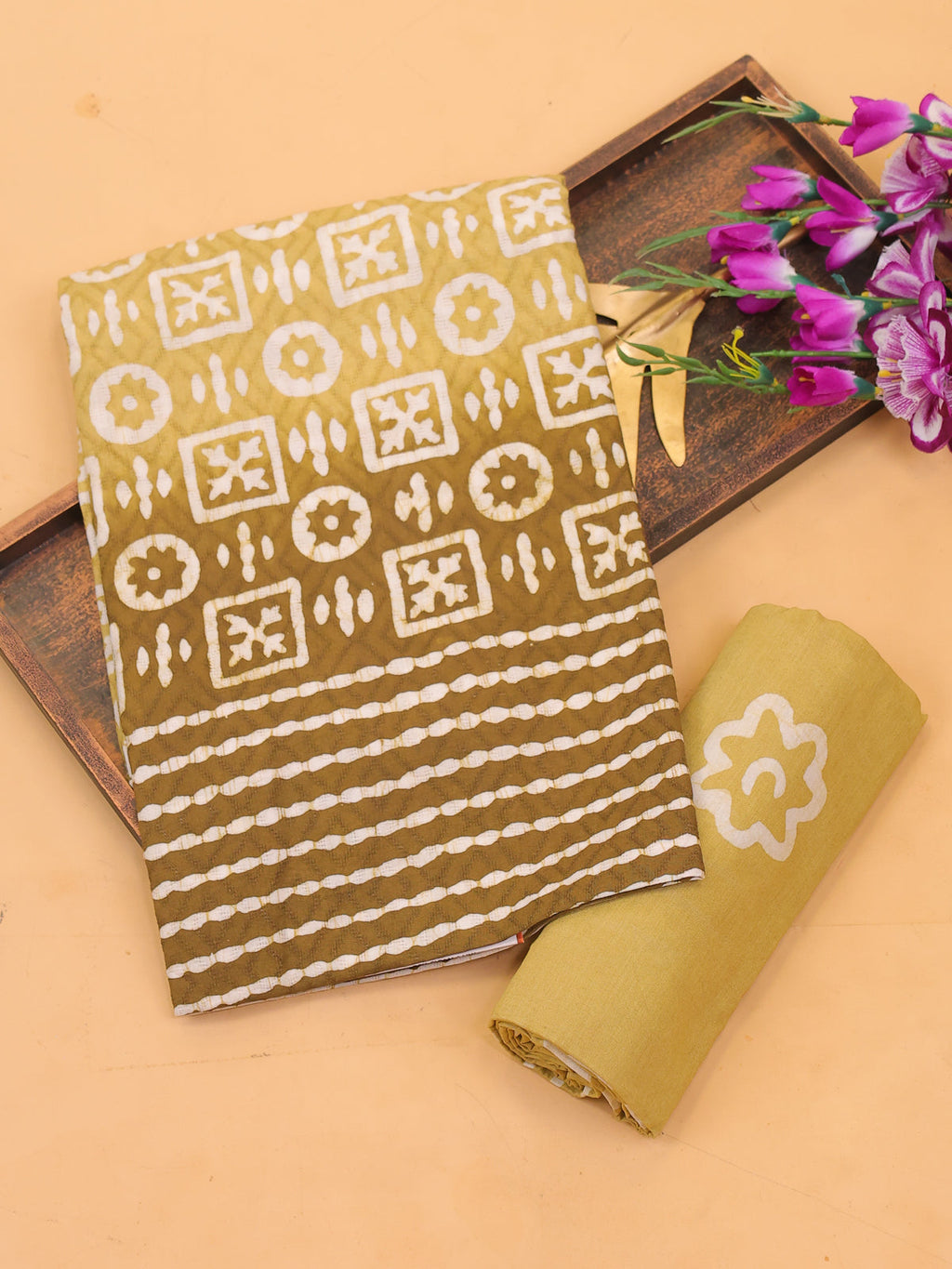 Mahendi Green and Off White Cotton Dress Material With Allover Batik Prints and Bottom & Dupatta