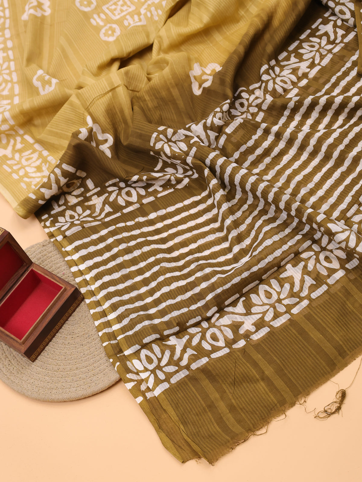 Mahendi Green and Off White Cotton Dress Material With Allover Batik Prints and Bottom & Dupatta