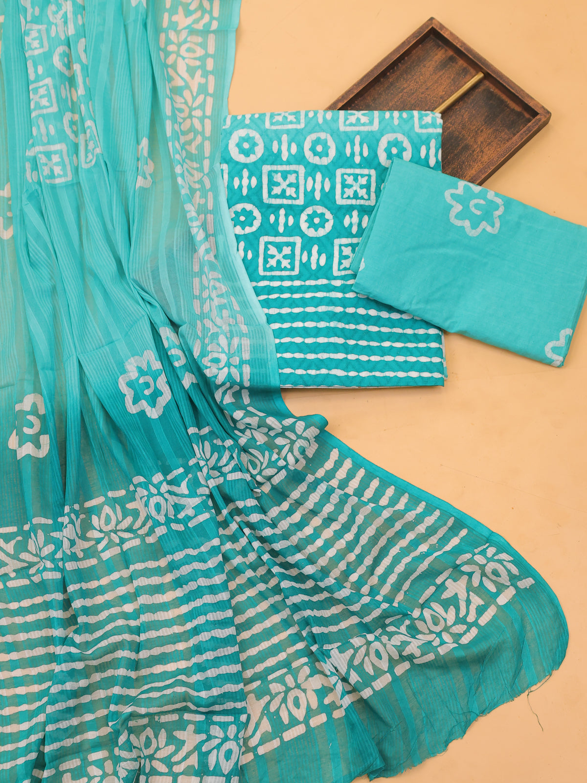 Green and Off White Cotton Dress Material With Allover Batik Prints and Bottom & Dupatta