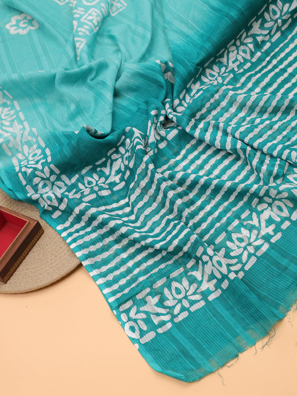 Green and Off White Cotton Dress Material With Allover Batik Prints and Bottom & Dupatta