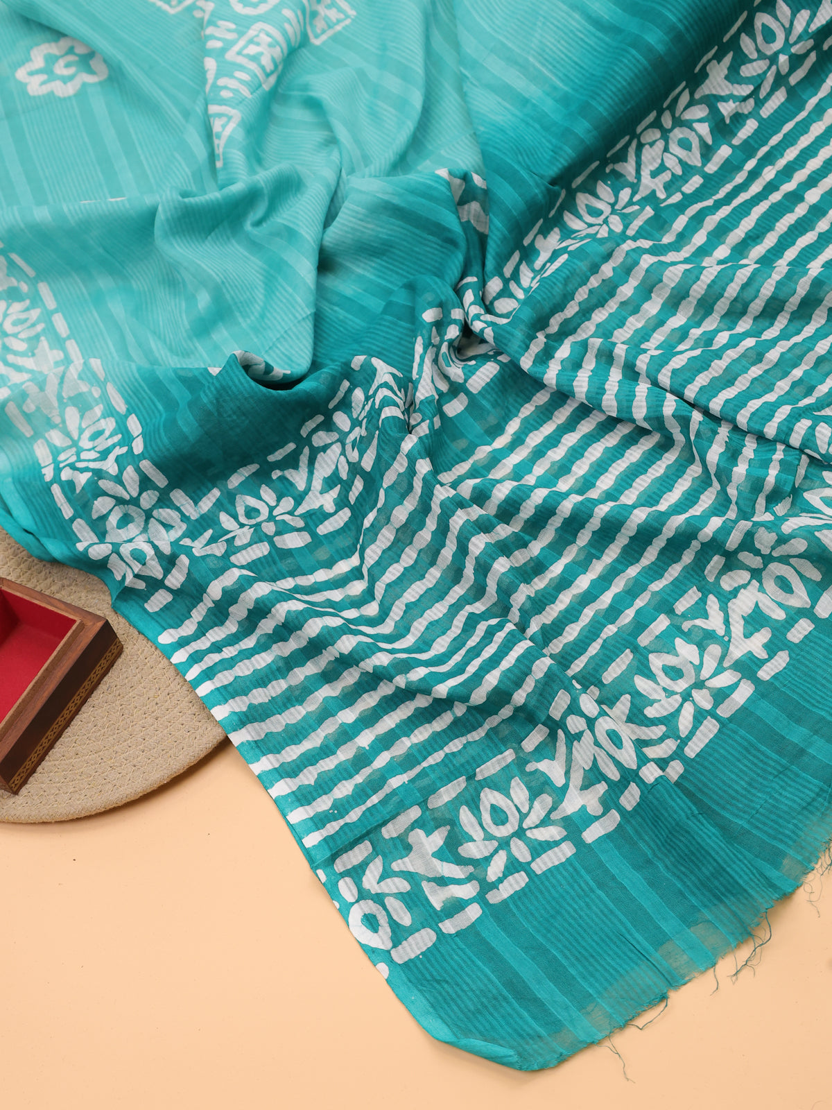 Green and Off White Cotton Dress Material With Allover Batik Prints and Bottom & Dupatta
