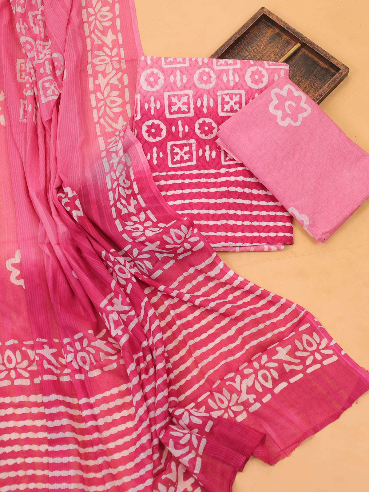 Pink and Off White Cotton Dress Material With Allover Batik Prints and Bottom & Dupatta