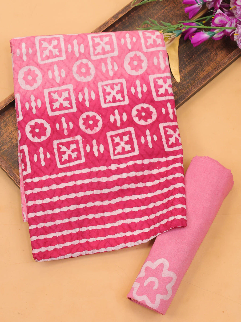 Pink and Off White Cotton Dress Material With Allover Batik Prints and Bottom & Dupatta