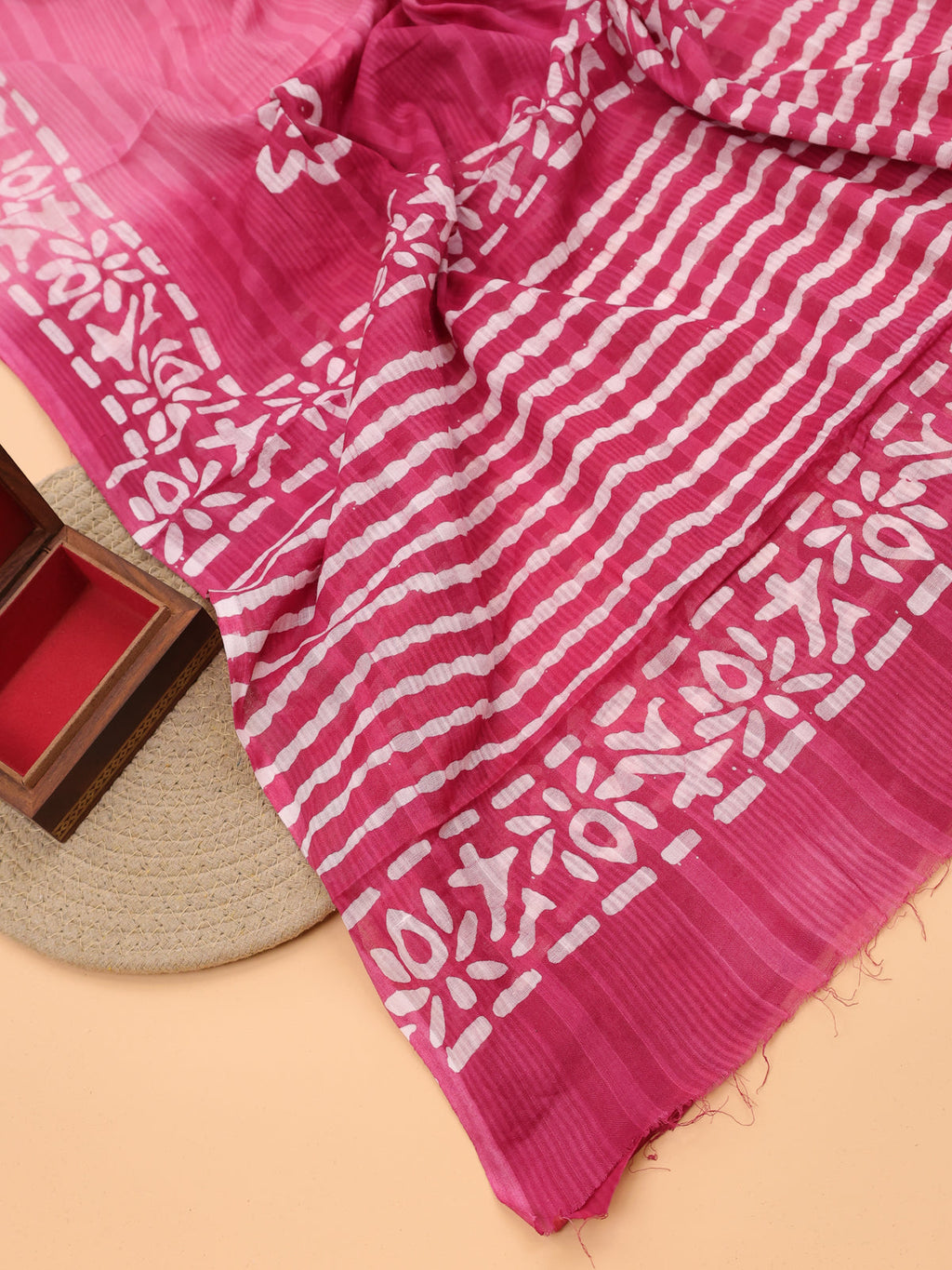 Pink and Off White Cotton Dress Material With Allover Batik Prints and Bottom & Dupatta