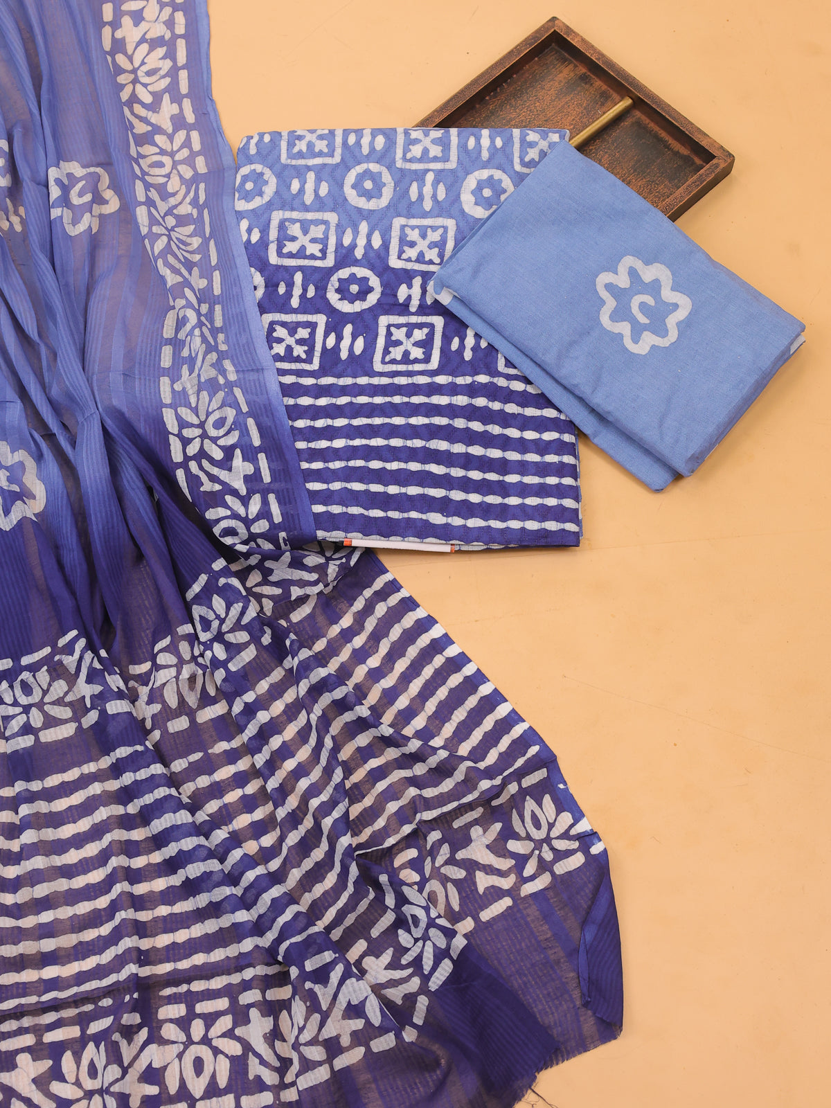 Blue and Off White Cotton Dress Material With Allover Batik Prints and Bottom & Dupatta