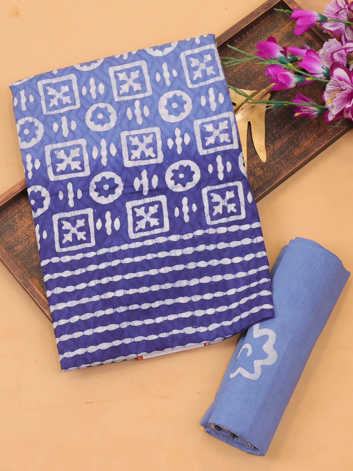 Blue and Off White Cotton Dress Material With Allover Batik Prints and Bottom & Dupatta