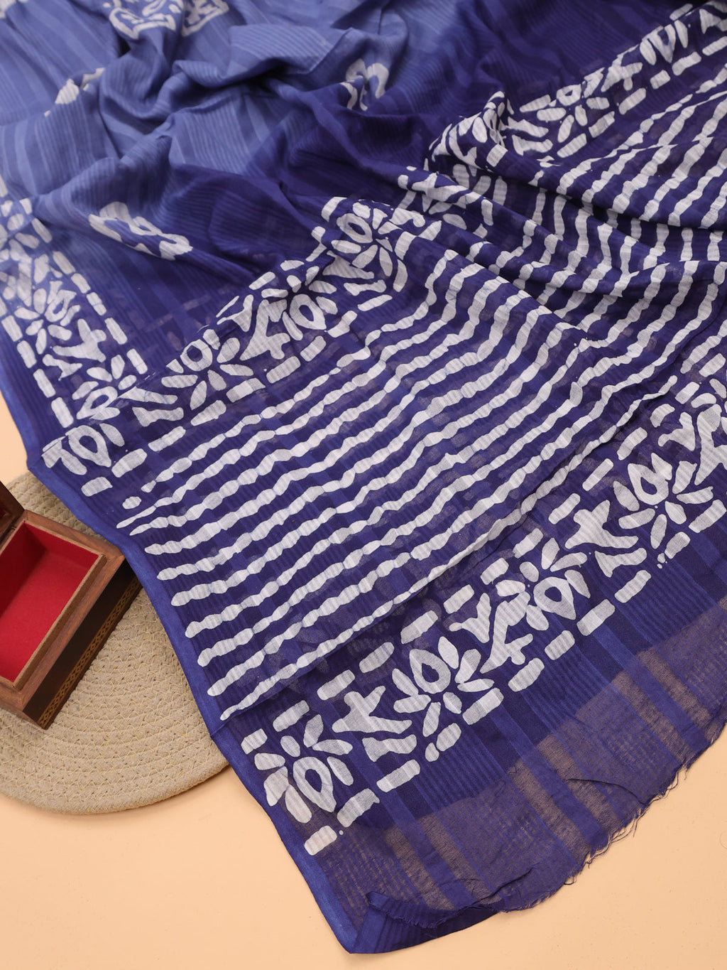 Blue and Off White Cotton Dress Material With Allover Batik Prints and Bottom & Dupatta