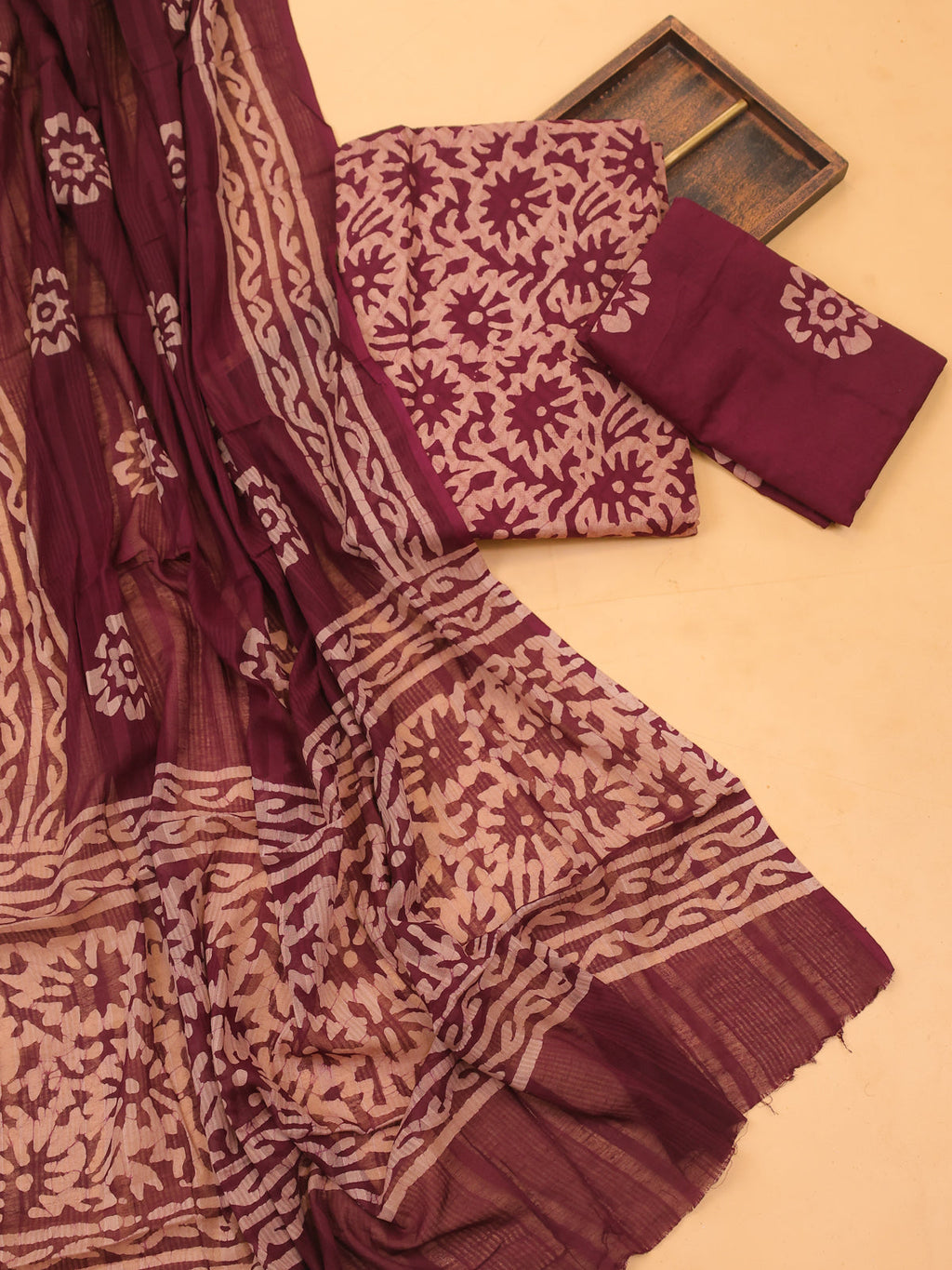 Brown and Beige Cotton Dress Material With Allover Batik Prints and Bottom & Dupatta