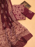 Brown and Beige Cotton Dress Material With Allover Batik Prints and Bottom & Dupatta