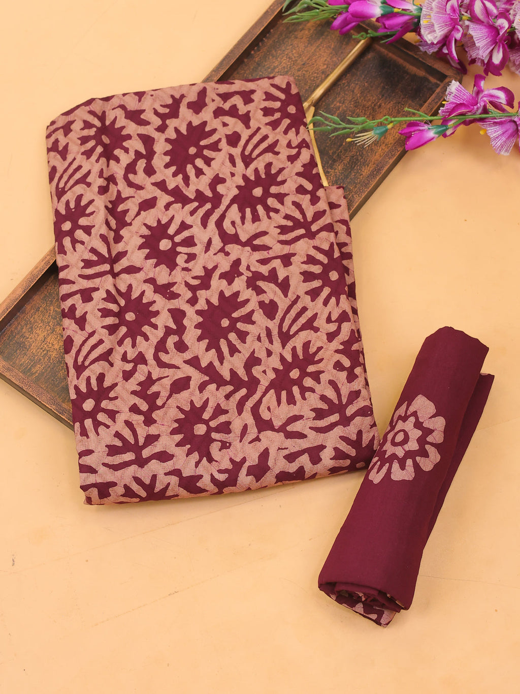 Brown and Beige Cotton Dress Material With Allover Batik Prints and Bottom & Dupatta