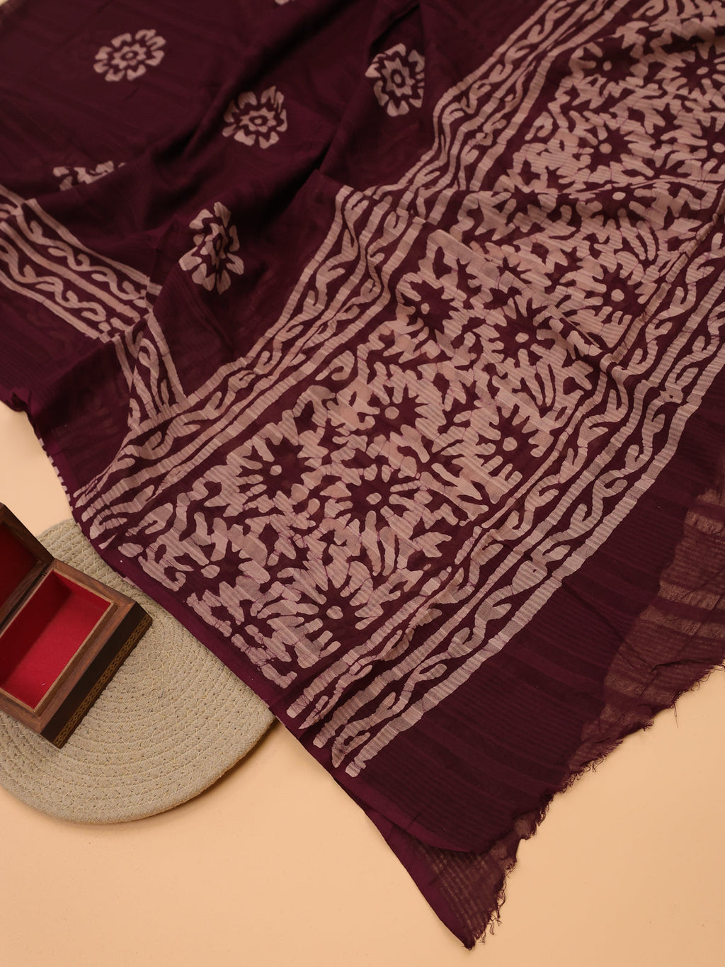 Brown and Beige Cotton Dress Material With Allover Batik Prints and Bottom & Dupatta
