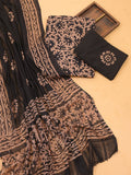 Black and Beige Cotton Dress Material With Allover Batik Prints and Bottom & Dupatta