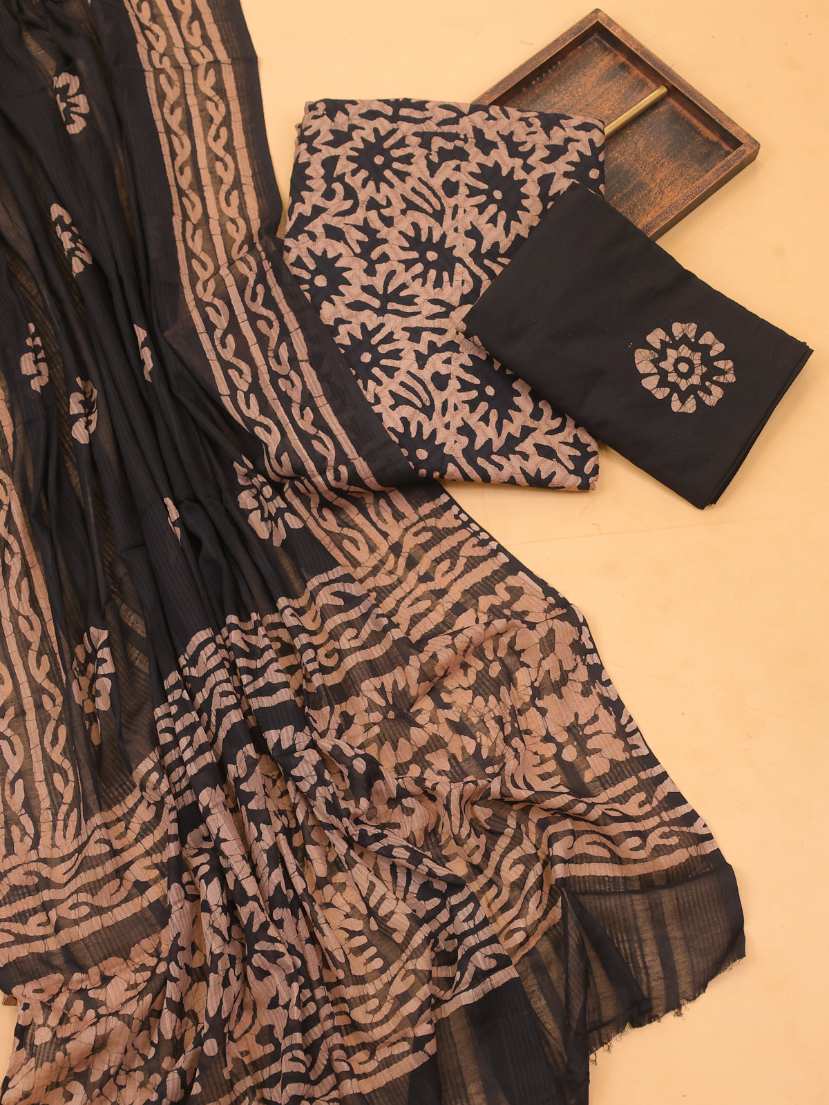 Black and Beige Cotton Dress Material With Allover Batik Prints and Bottom & Dupatta