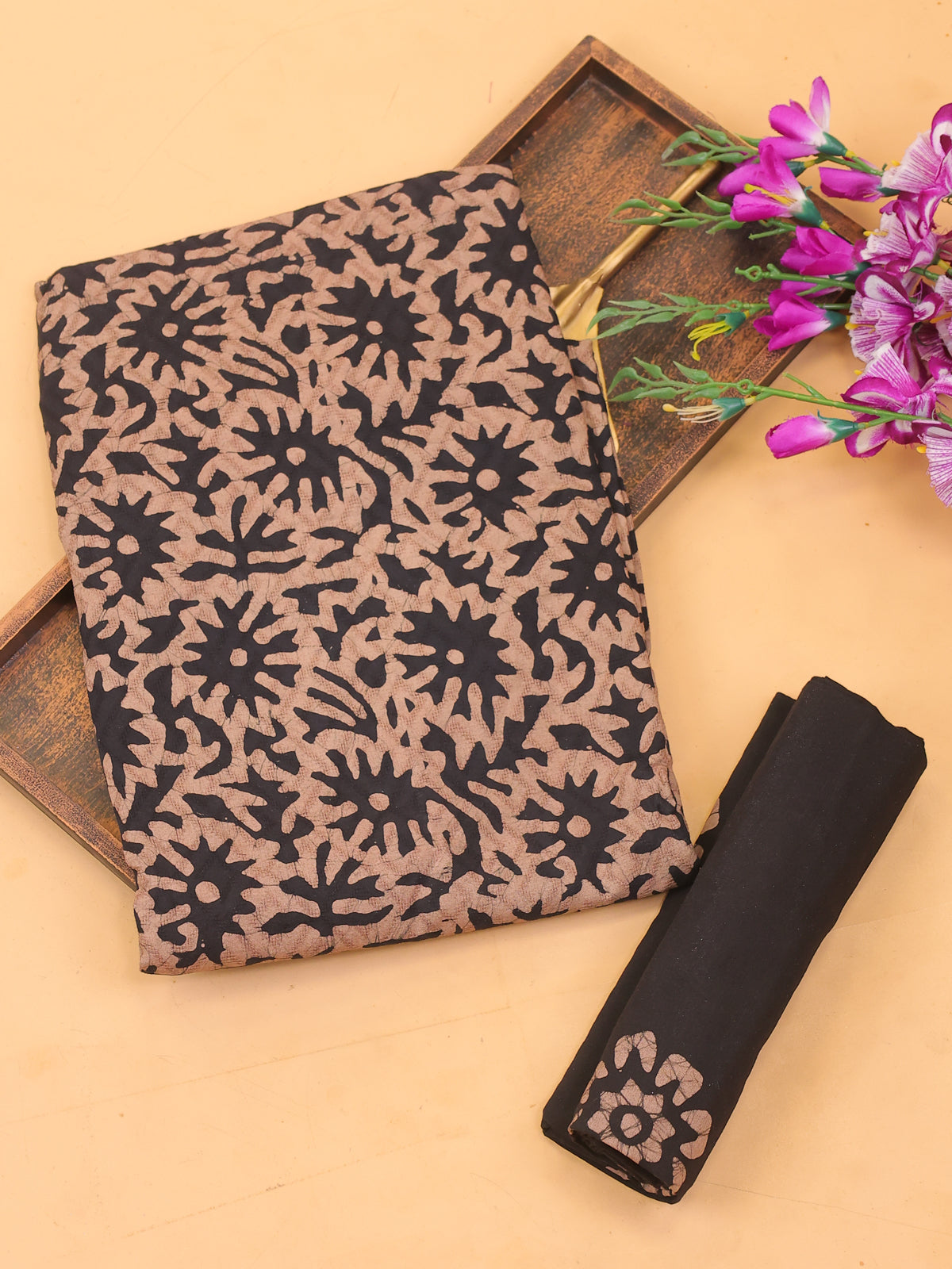 Black and Beige Cotton Dress Material With Allover Batik Prints and Bottom & Dupatta