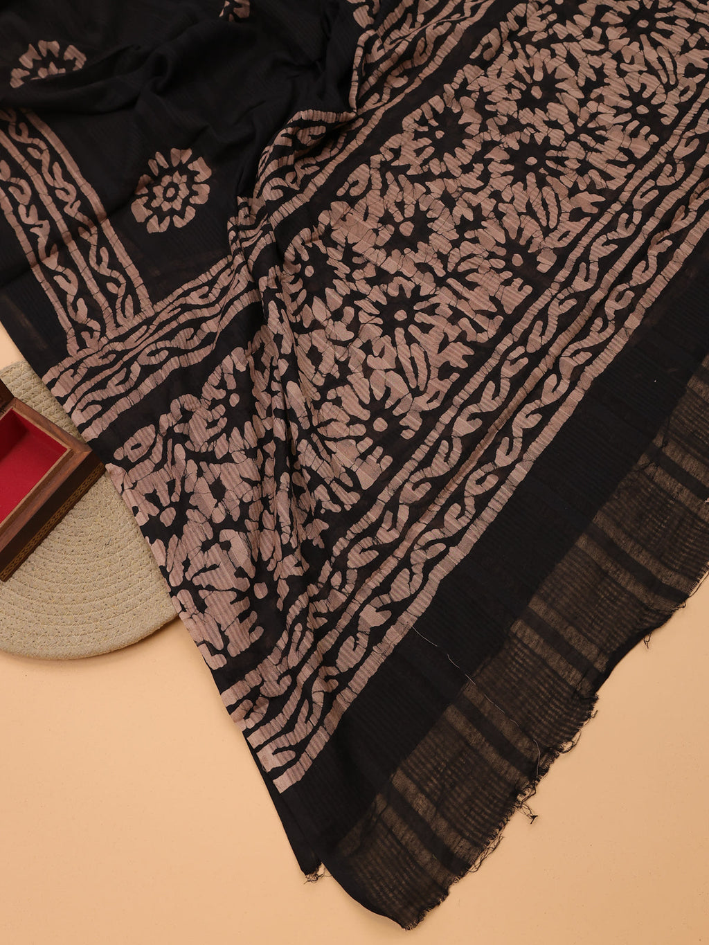 Black and Beige Cotton Dress Material With Allover Batik Prints and Bottom & Dupatta
