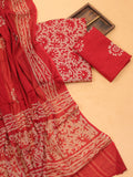 Red and Beige Cotton Dress Material With Allover Batik Prints and Bottom & Dupatta