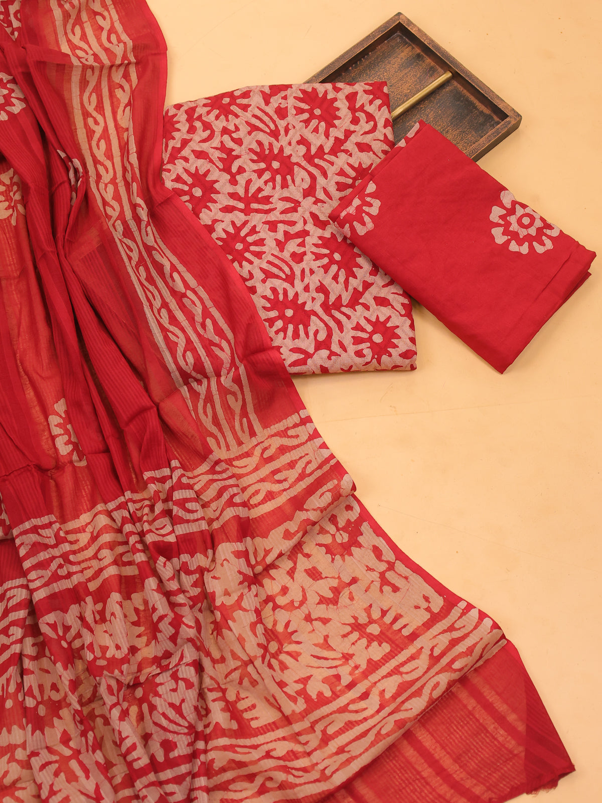 Red and Beige Cotton Dress Material With Allover Batik Prints and Bottom & Dupatta
