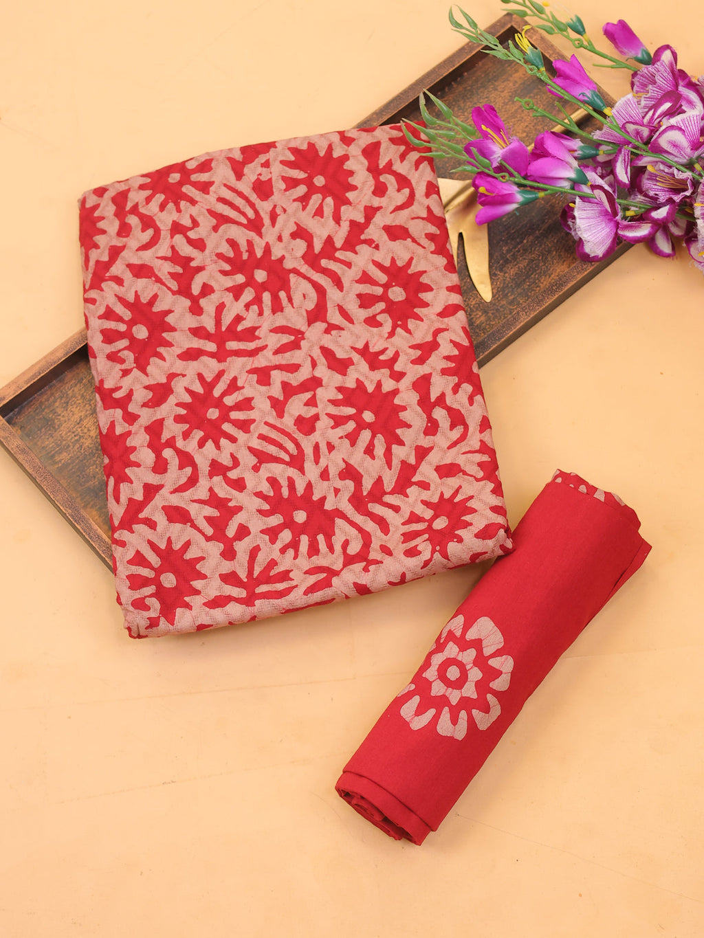 Red and Beige Cotton Dress Material With Allover Batik Prints and Bottom & Dupatta