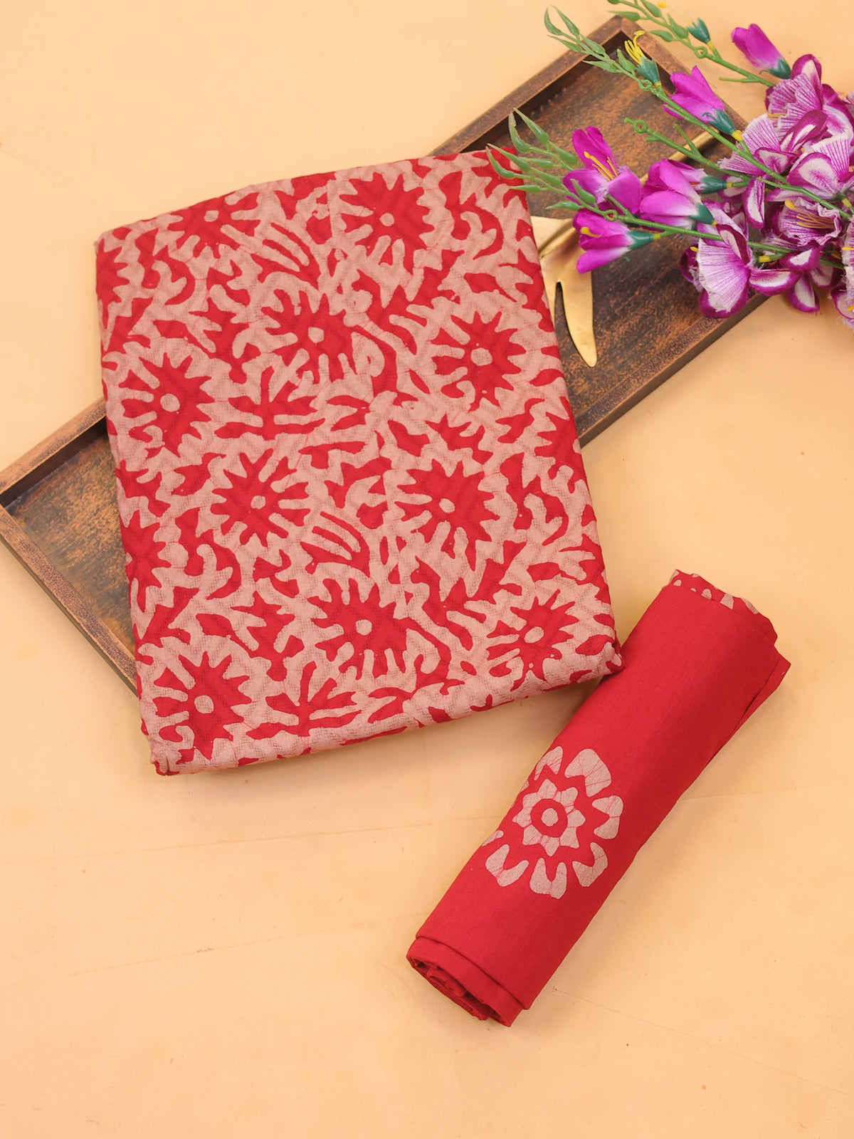 Red and Beige Cotton Dress Material With Allover Batik Prints and Bottom & Dupatta